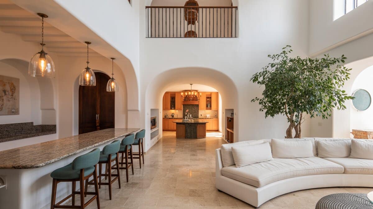 Mediterranean style living room with arched pass through bar peninsula and teal upholstered stools