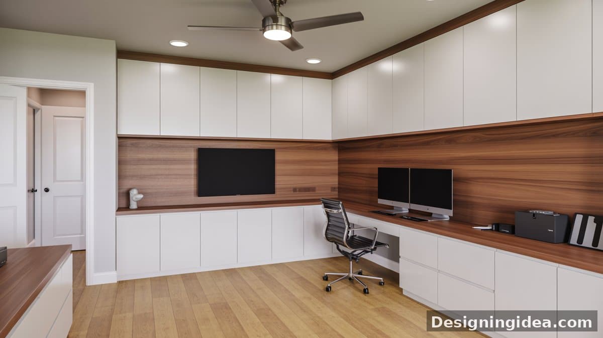 White flat-front upper and lower L-shape cabinets feature a walnut backsplash, dual monitors, a wall-mounted TV, ceiling fan, and light oak floors.
