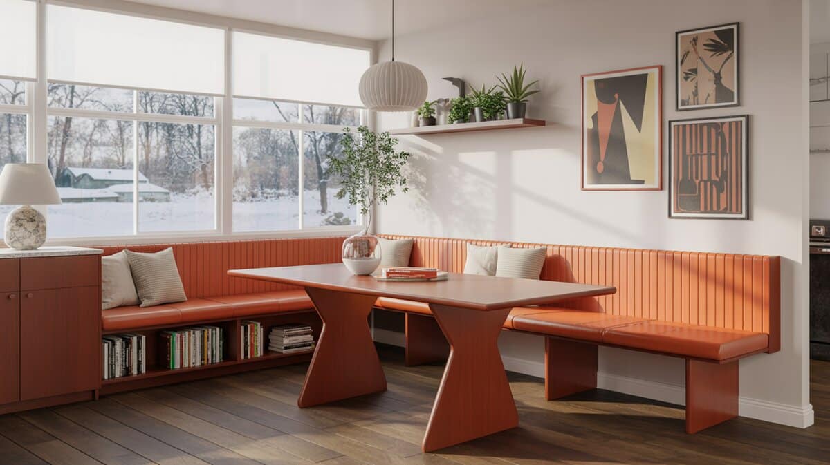 Mid-century kitchen banquette bench with bookshelf and picture window in snow