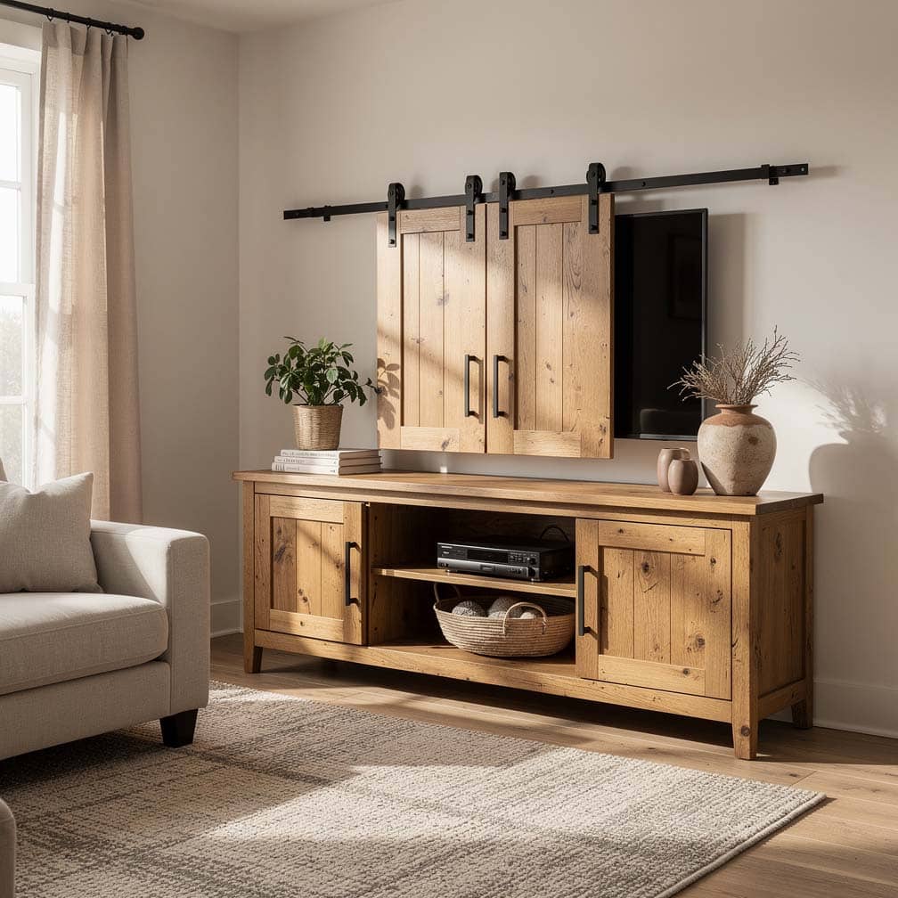 Small mini sliding wood panels on an entertainment unit concealing a wall-mounted television