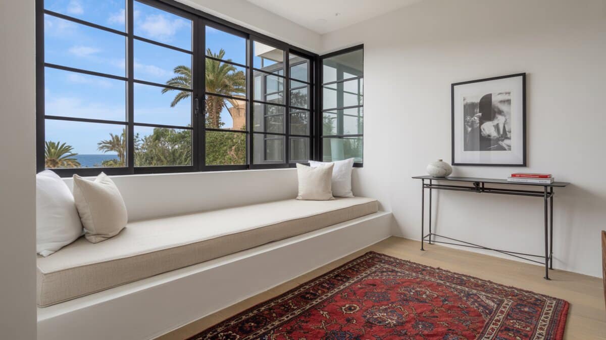 Modern bedroom white bench with black windows, linen cushion and Persian rug