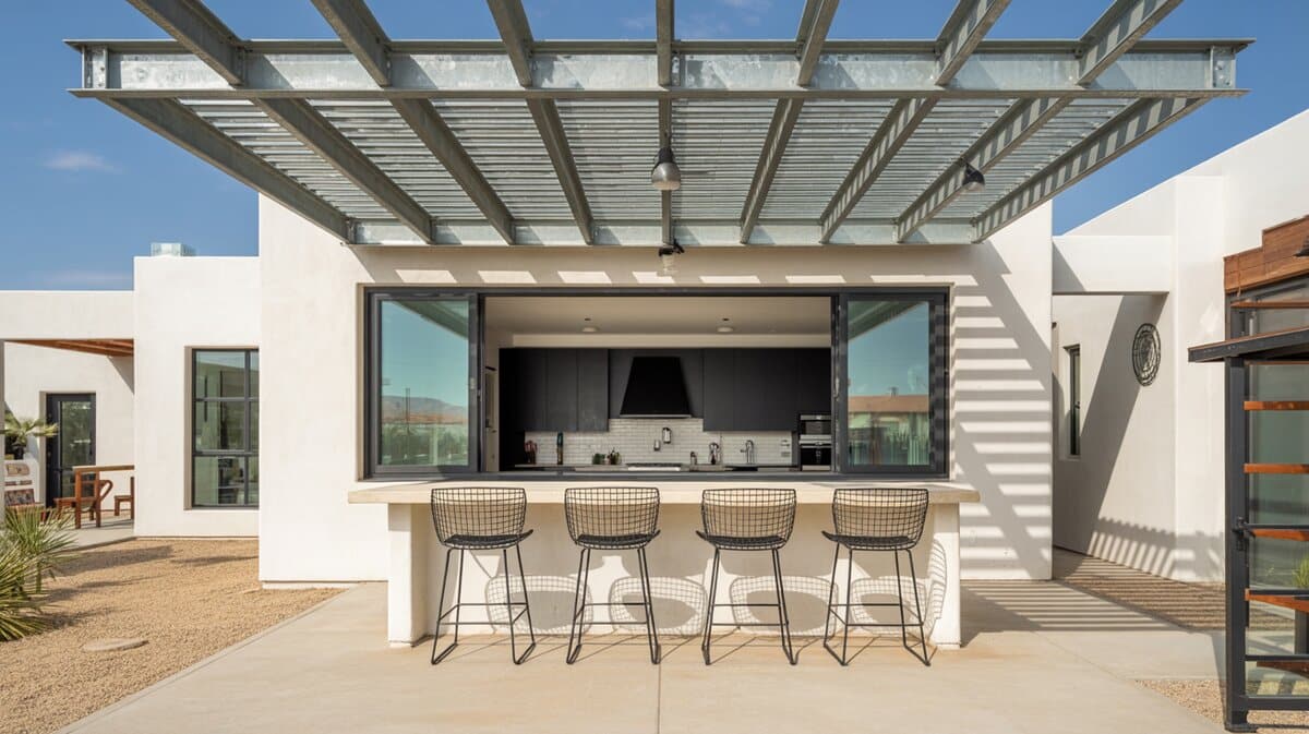 Modern exterior kitchen pass through window with stainless steel ledge and wire bar stools