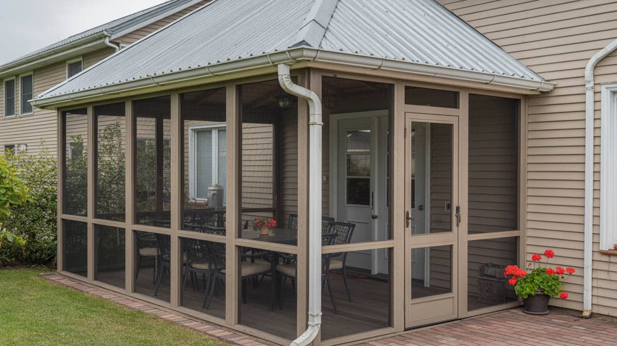 White screened porch exterior attached to beige house with metal roof and red flower garden beds
