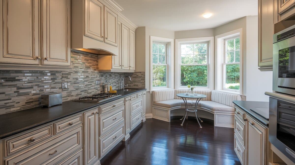 Modern kitchen gray cabinets with banquette bench, dark counters and windows