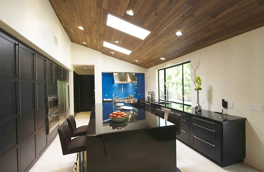 Modern kitchen with skylights and black cabinets