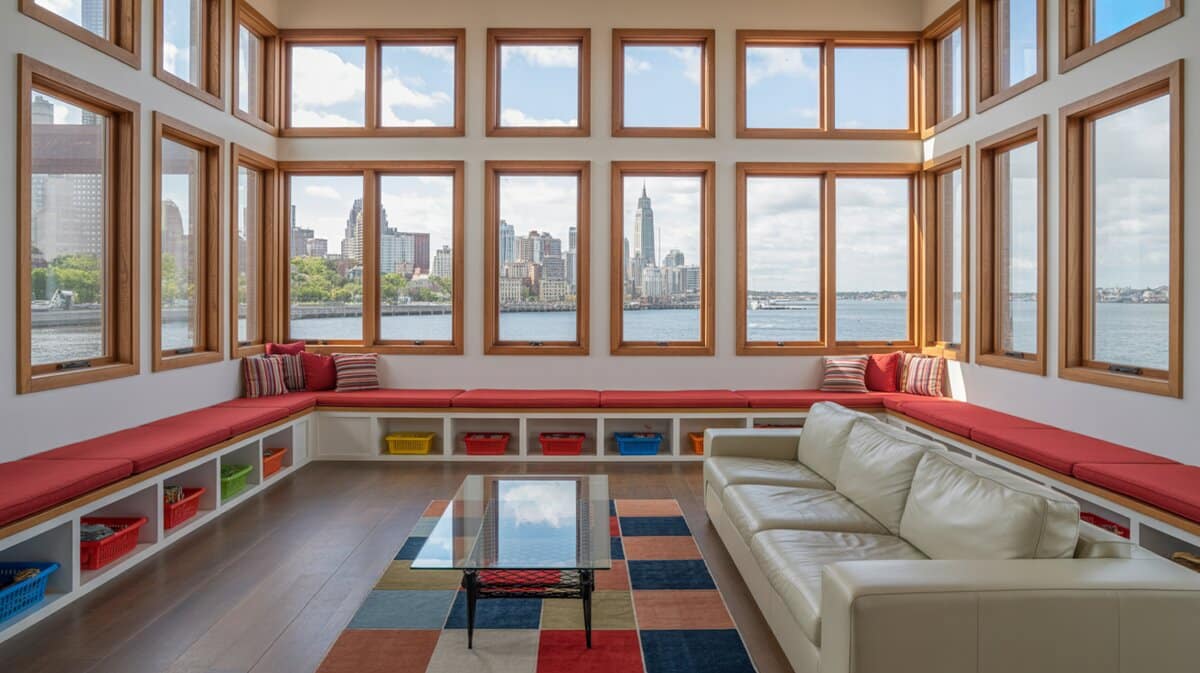 Modern living room window seat on three walls with red cubby and city view