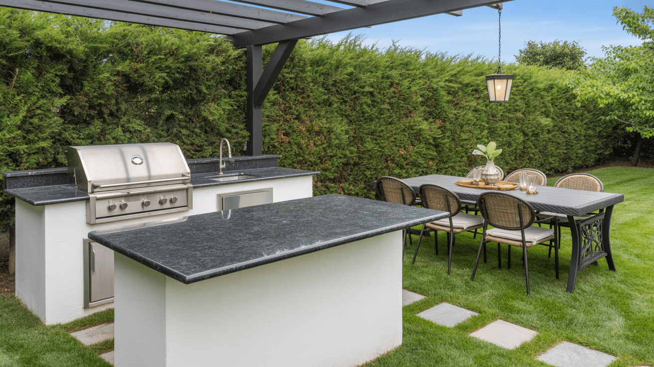 Modern outdoor kitchen with black granite countertop under pergola beside dining area