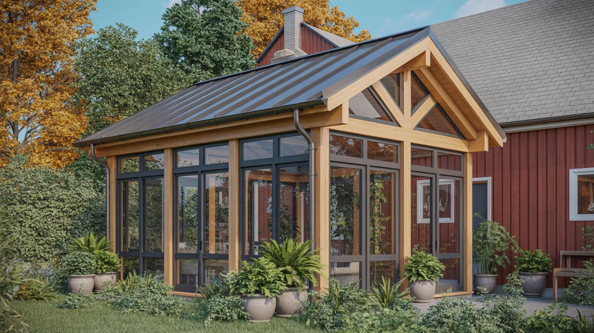 Timber and glass three season room with natural wood frame, metal roof, and potted plants in fall setting