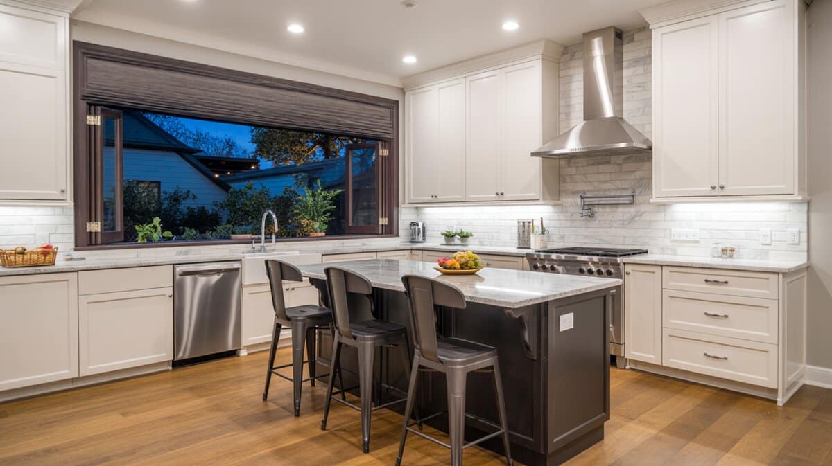 Modern white kitchen with dark island and accordion pass through window above sink