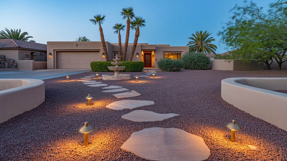 Modern stucco home with flagstone path and bollard lights