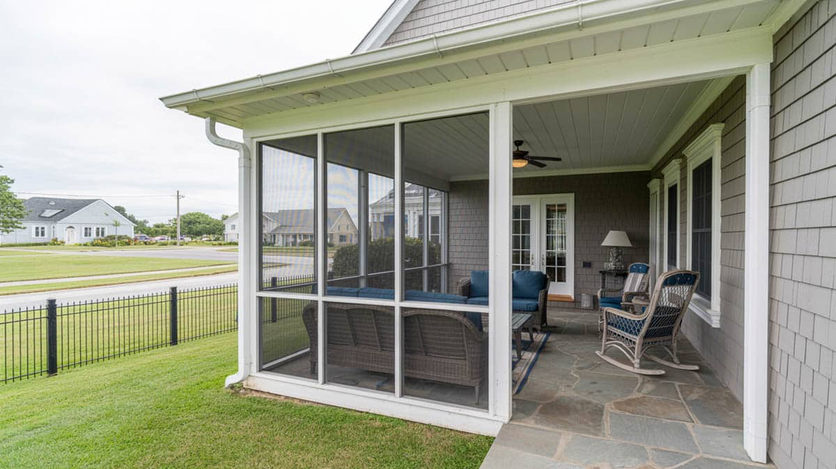 Enclosed porch exterior with stone tile floor, ceiling fan, and wicker seating inside