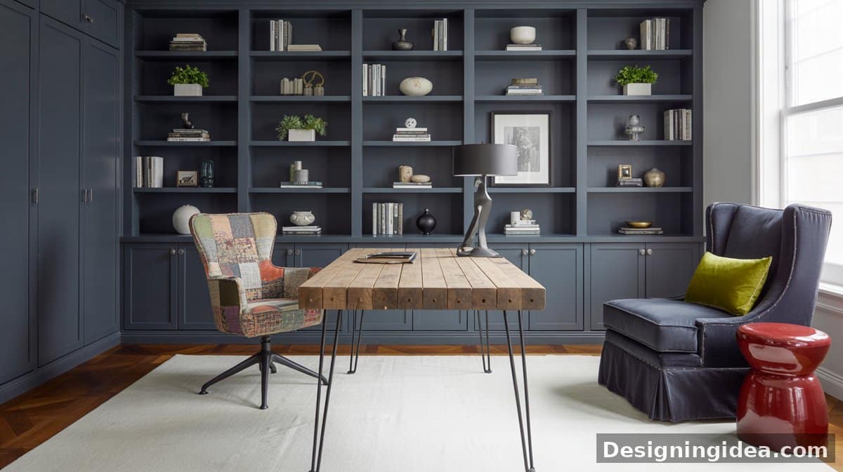 Natural wood diamond lattice bookcase with a black library ladder, books in geometric compartments, and a cowhide rug on light hardwood.