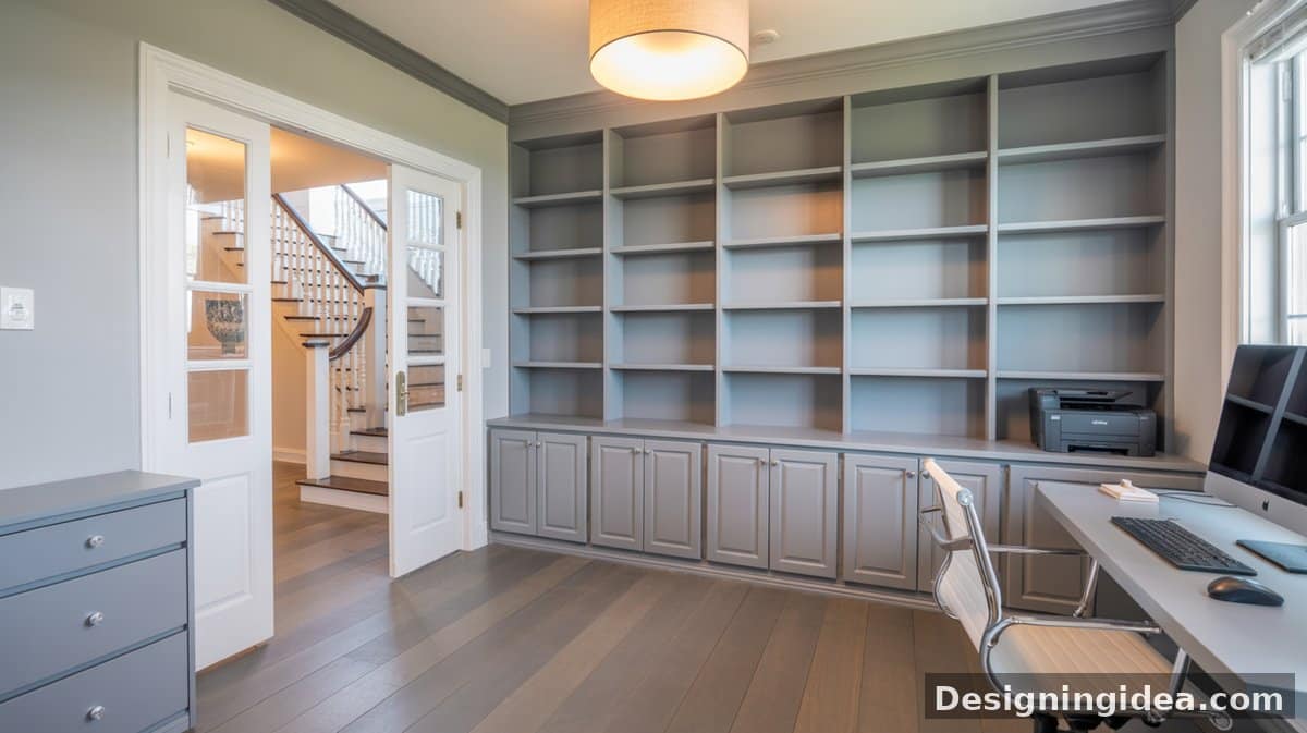 Natural wood credenza-style open shelves against dark walls, a reclaimed trestle desk, and a large crystal chandelier overhead.