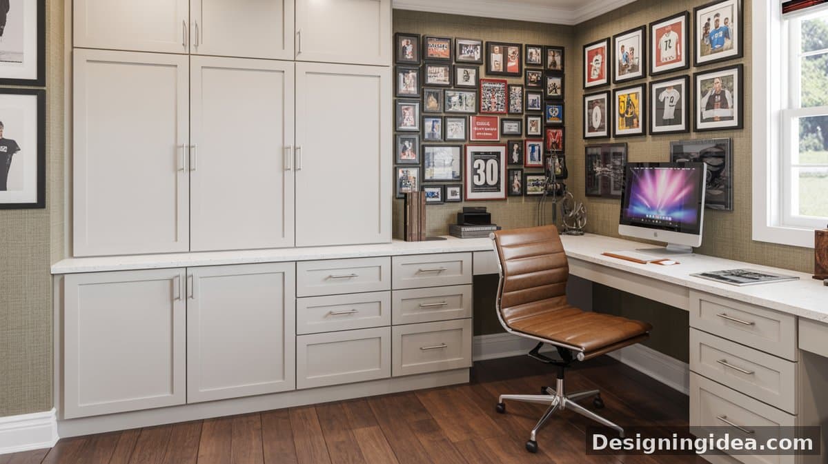 White tall shaker wardrobes flank a navy blue accent niche with floating shelves, a floating white desk, copper task lamp, and light oak floors.