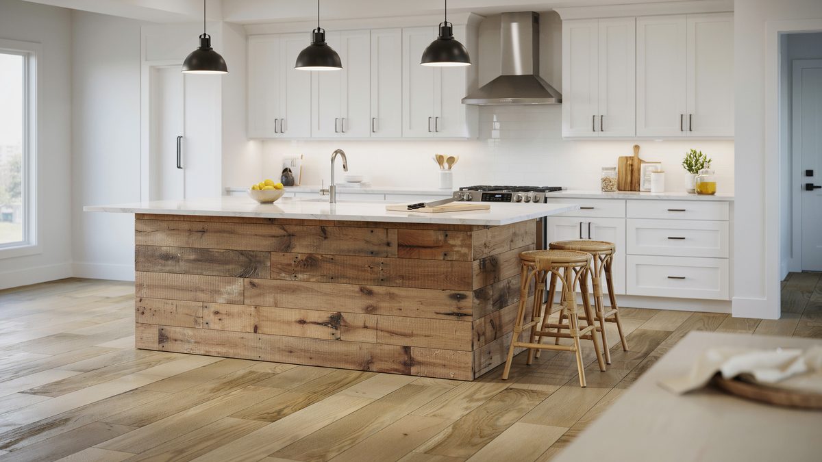 Horizontal barn planks wrapping an open concept island with white quartz top