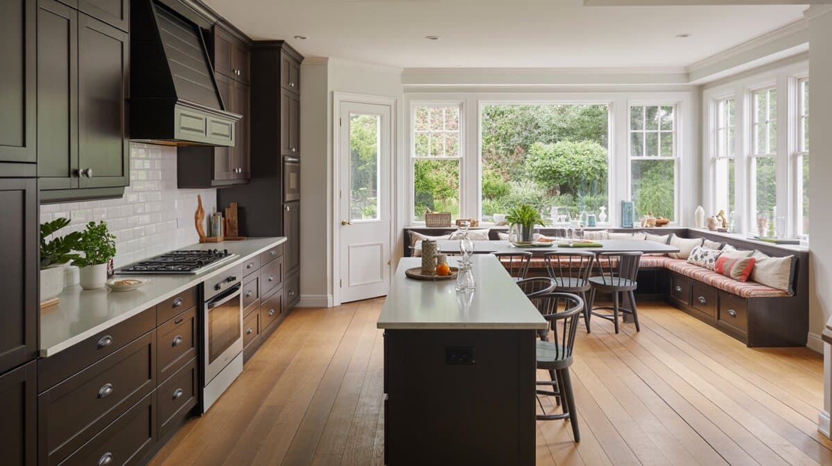Open kitchen with dark cabinets, window bench nook and dining table with garden view