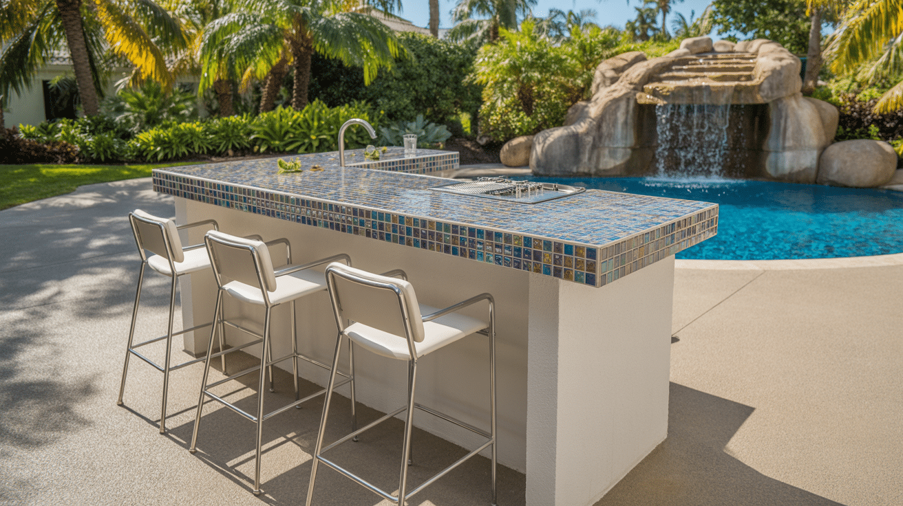 Outdoor bar with colorful mosaic tile countertop beside a pool waterfall