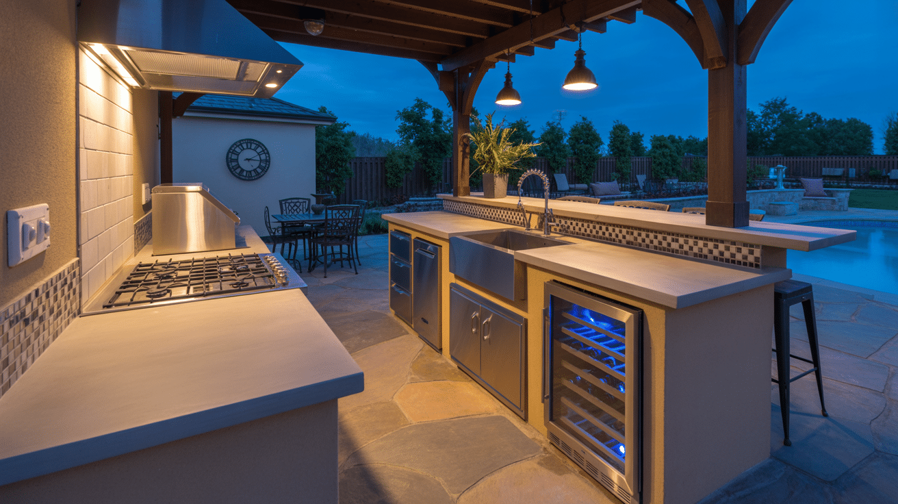 Pergola covered outdoor kitchen with concrete countertop and pendant barn lights at dusk