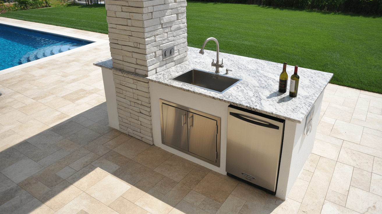 Pool side outdoor kitchen with white granite countertop and stacked stone column