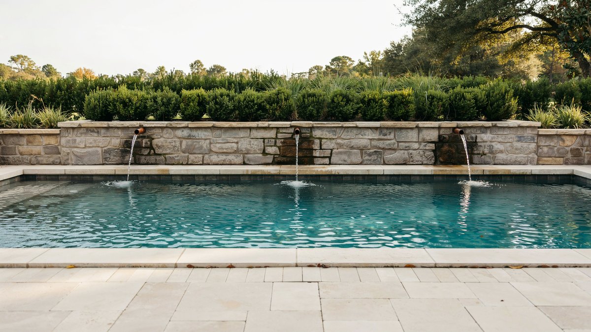 Cut stone accent wall with three scupper spouts arcing water into the pool