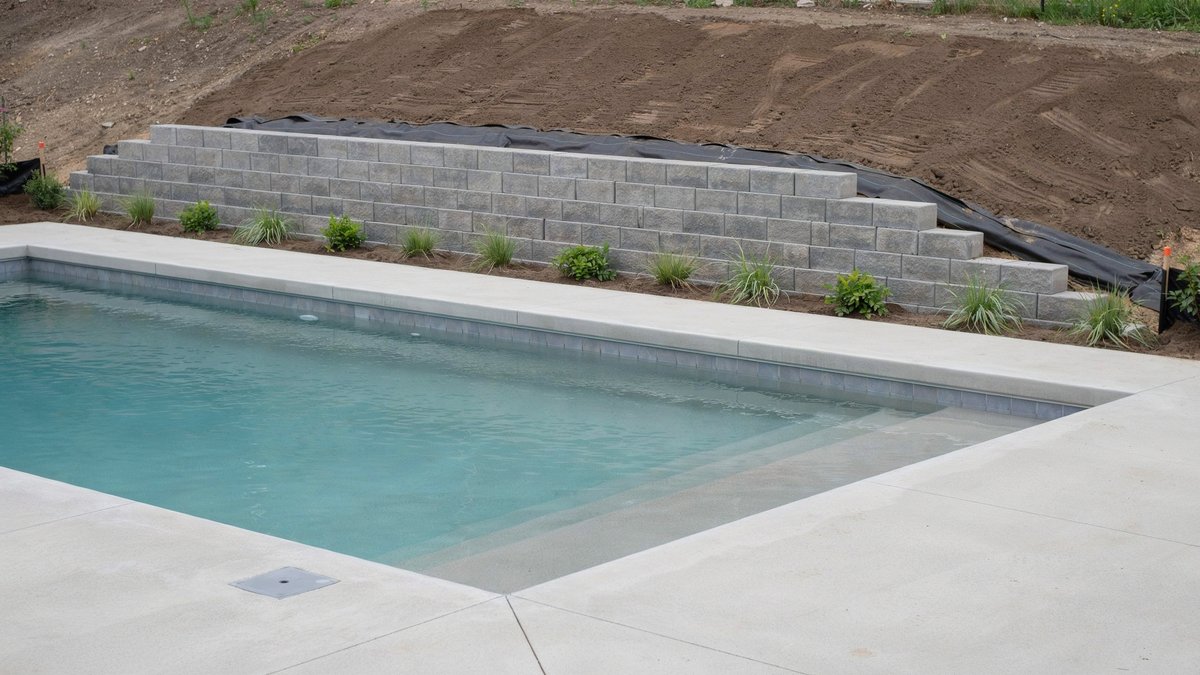 Grey segmental block wall with black erosion fabric behind it on freshly graded soil