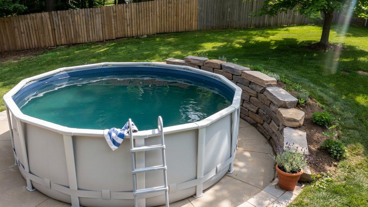 Above ground pool set against a stacked stone wall on the high side of a lawn