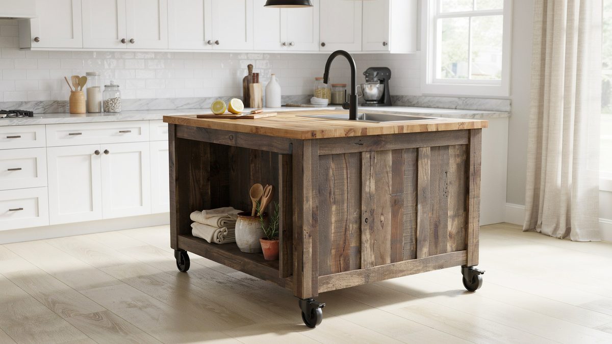 Rolling barn wood island on casters with open shelf and butcher block top