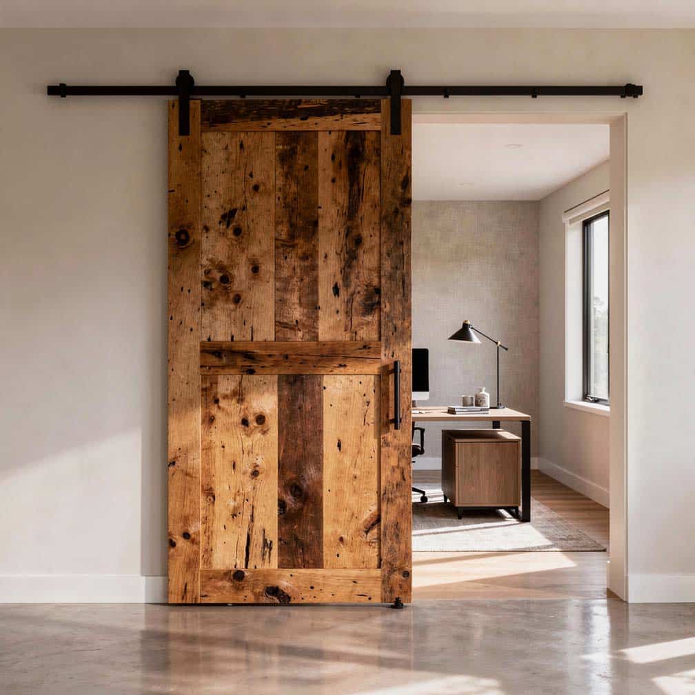 Reclaimed wood panel used as a statement accent piece at the entrance to a home office