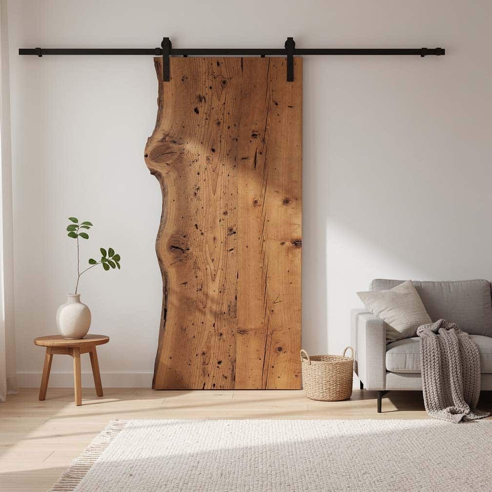 Reclaimed wood sliding panel with live edge detail and organic grain in a Scandinavian-style living space
