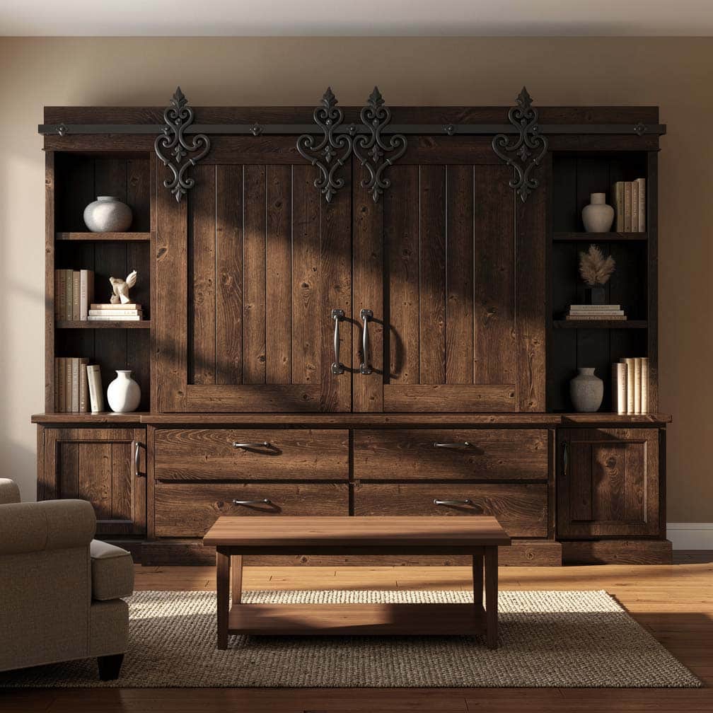 Rustic dark wood entertainment unit door with ornate wrought iron sliding hardware and decorative support brackets