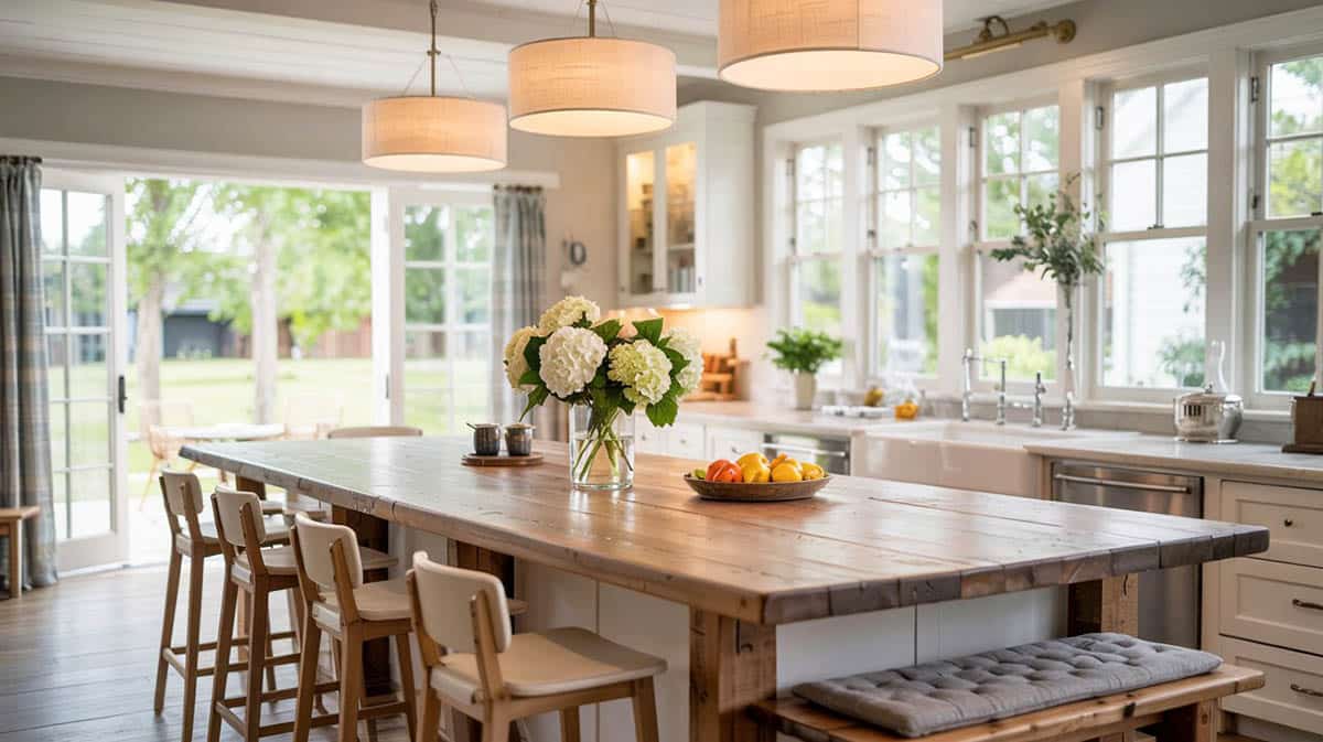 Reclaimed wood plank countertop island with seating