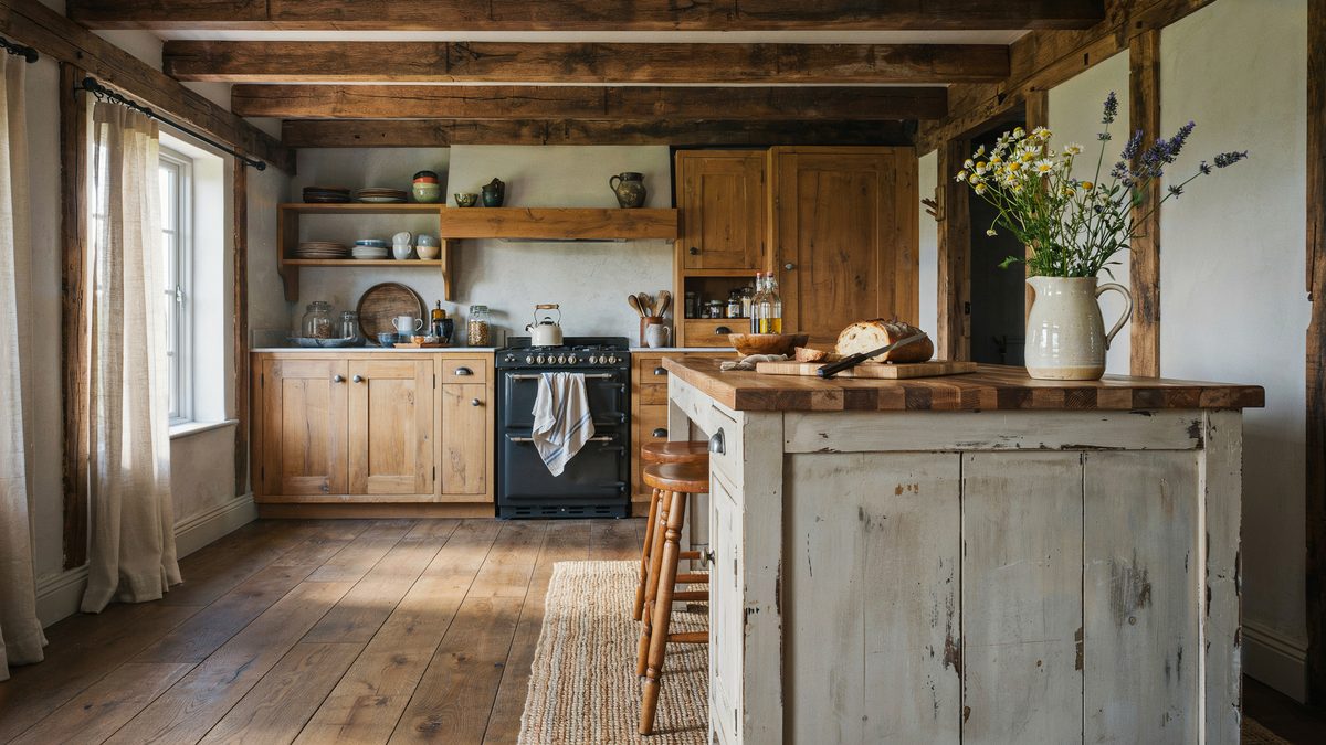 Chipped white painted island under rough hewn ceiling beams in a country kitchen