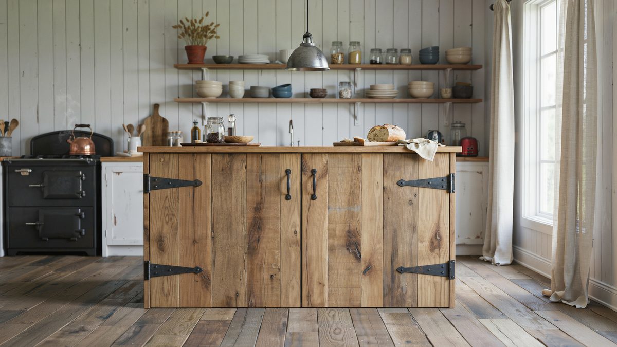 Raw plank island with iron strap hinges beside a black cast iron range