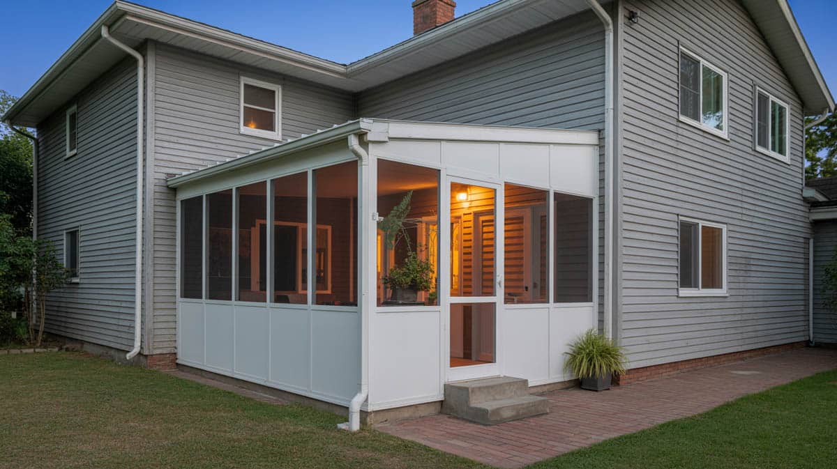 Screened room addition on gray vinyl-sided house with warm amber glow at dusk
