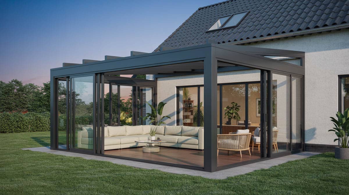 Modern dark gray aluminum glass patio enclosure at dusk with cream sofa visible inside
