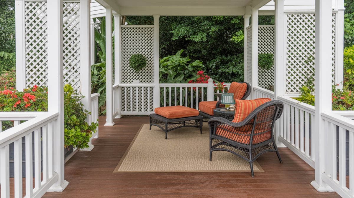 Lattice-trimmed porch with dark wicker chairs, orange striped cushions, and lush flower garden
