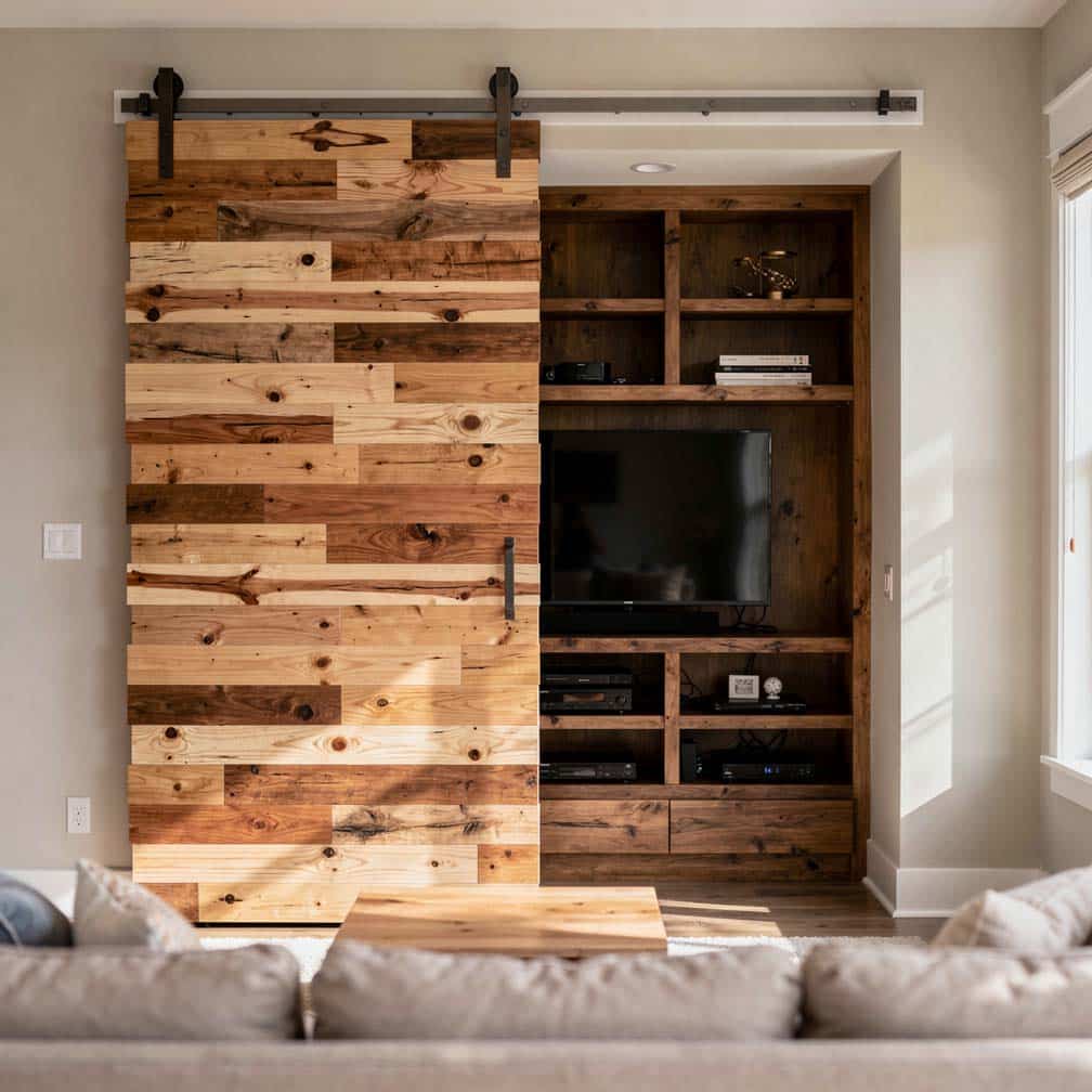 Shiplap-style barn door made from short lumber pieces creatively concealing a living room entertainment center