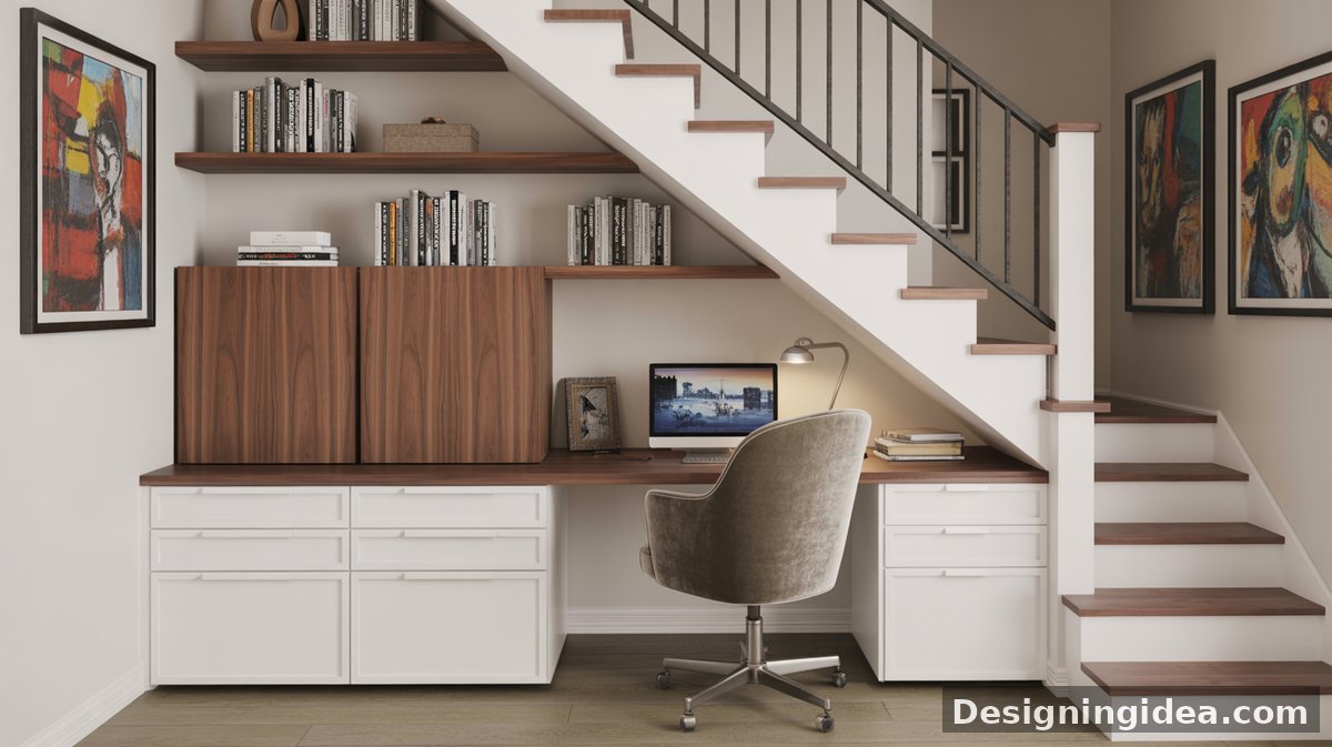 Walnut-tone open shelves and cabinets tuck under a staircase beside a built-in desk with a laptop, colorful abstract art framed on adjacent walls.