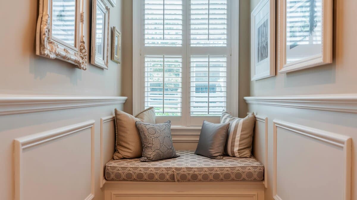 Small corner window nook with white wainscoting and plantation shutters