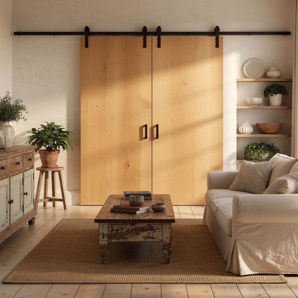 Large solid maple sliding door with a natural contemporary finish in a shabby chic living room