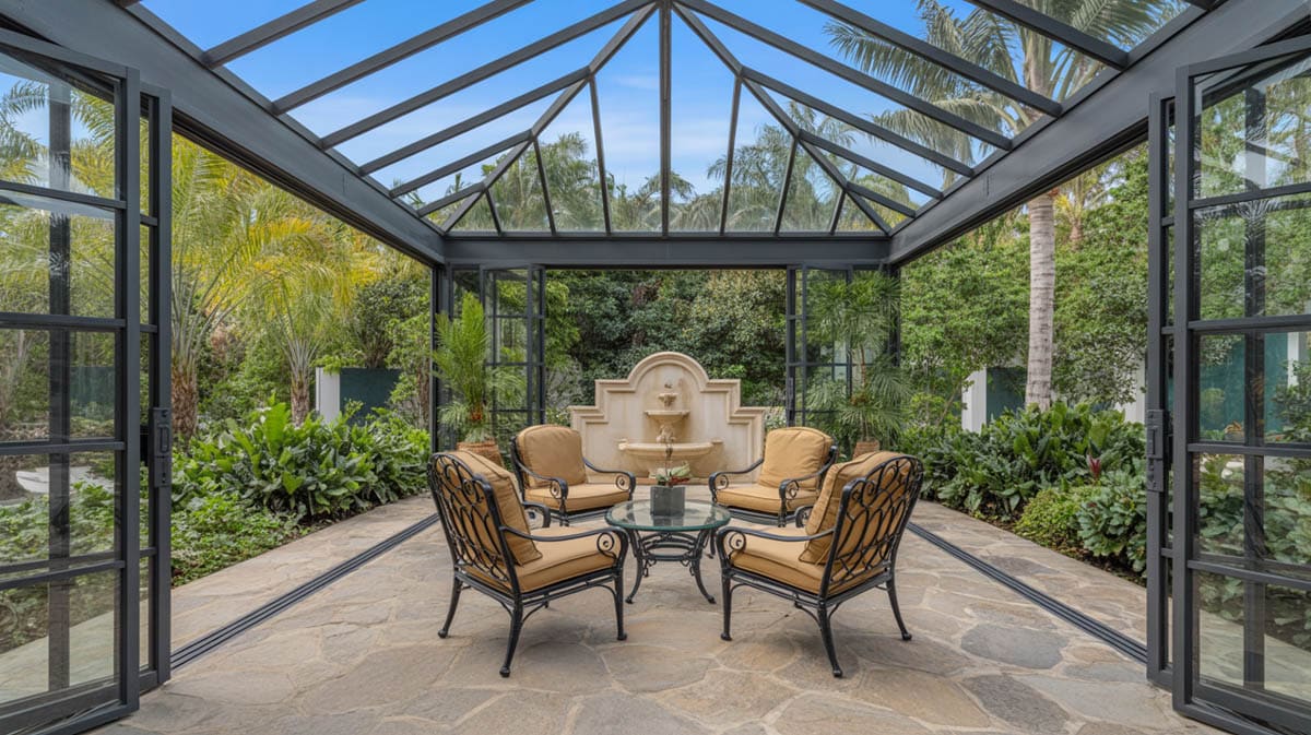 Glass enclosed patio with black aluminum frame, stone paver flooring, iron dining chairs, and tropical plants
