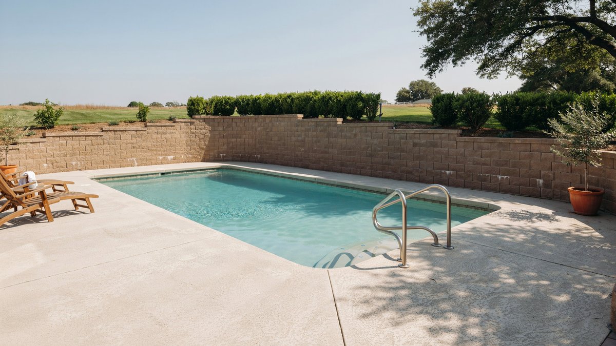 Tan block wall curving around a small pool with wood loungers on concrete decking