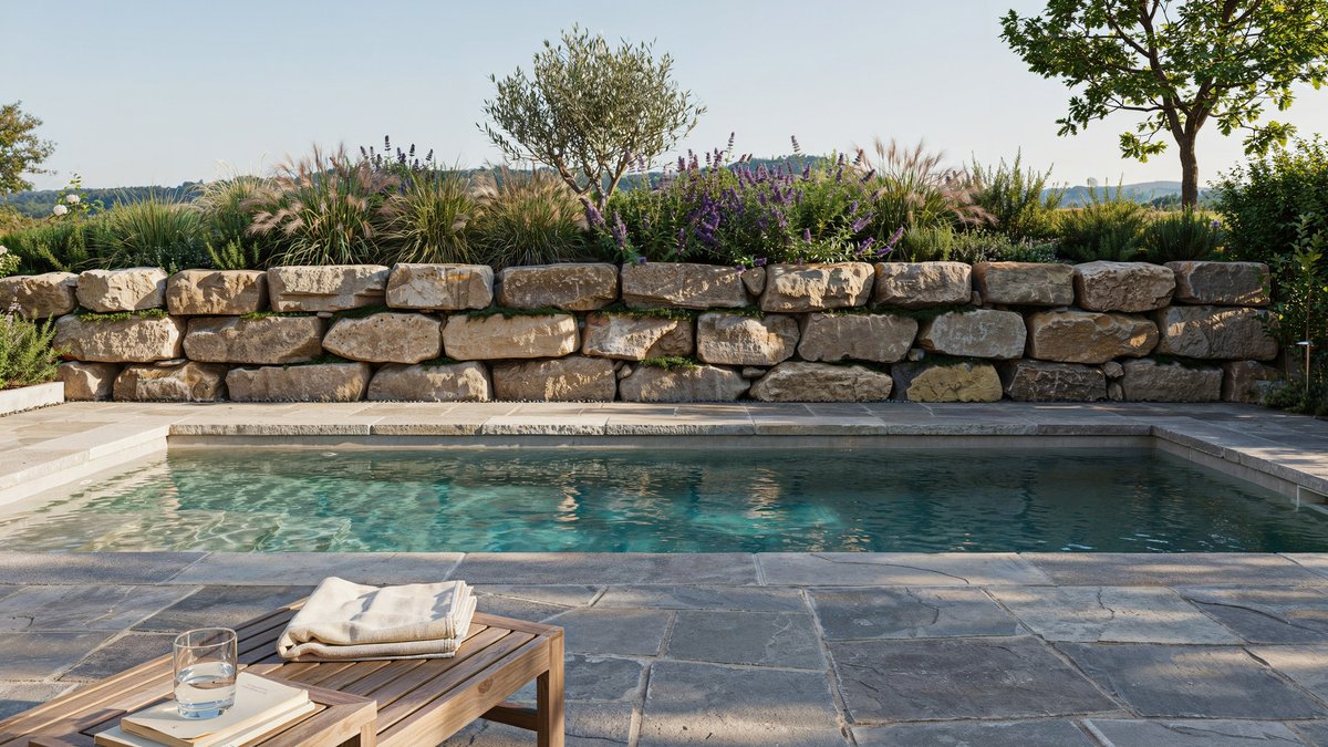Stone paver pool deck with rough limestone block wall and grasses on a hilltop
