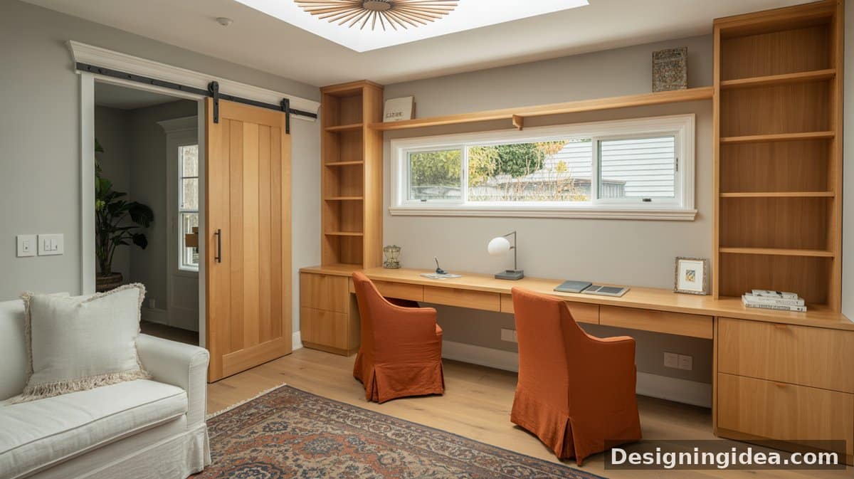 Natural wood built-in desk and open shelves surround a clerestory window, with a sunburst ceiling fixture, two terracotta skirted chairs, and a sliding barn door.