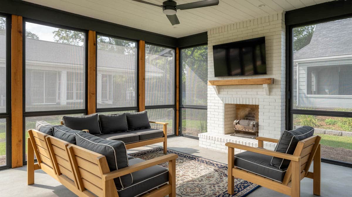 Modern screened porch with white brick fireplace, wall-mounted TV, wood frame charcoal sofa, and ceiling fan