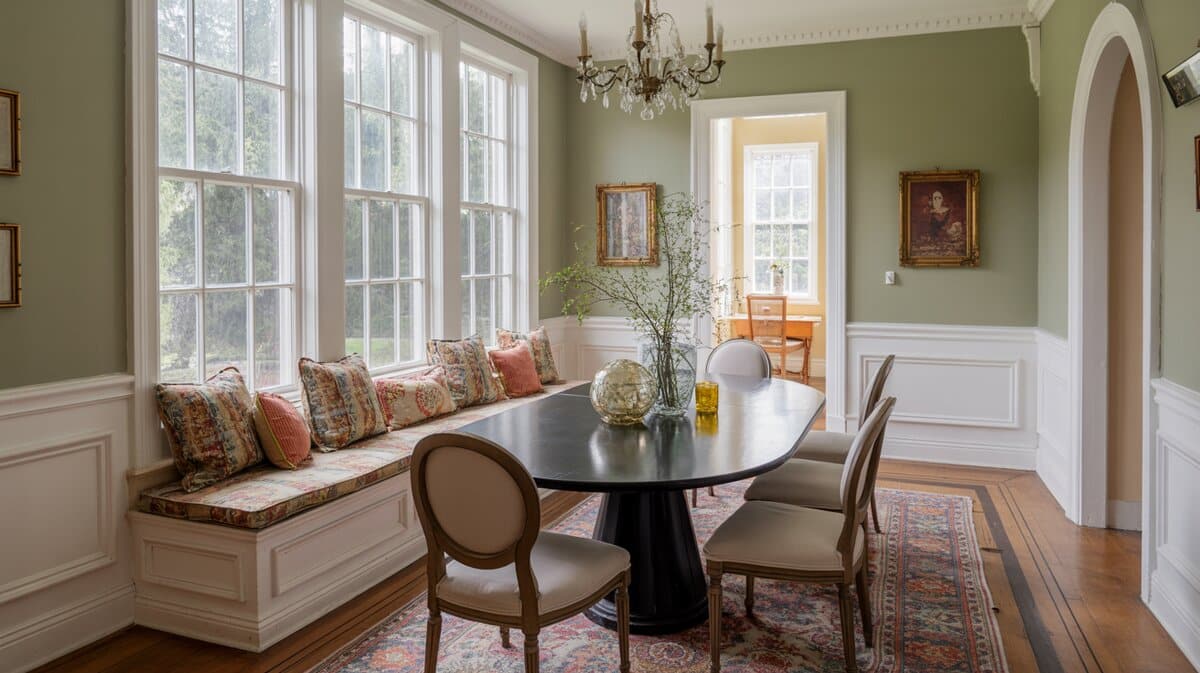 Traditional dining room window seat with colorful pillows and wainscoting