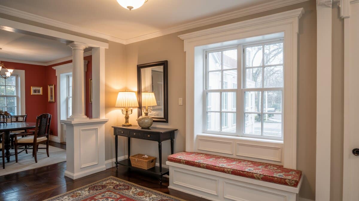 Traditional foyer white window bench with floral cushion and columns