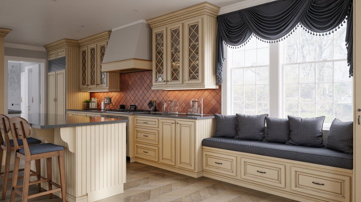 Traditional kitchen cream cabinets with copper backsplash and window seat