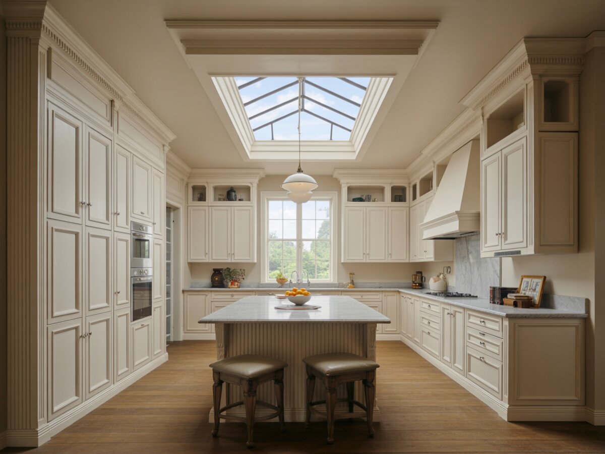 Traditional cream kitchen with a glass roof skylight and marble topped island