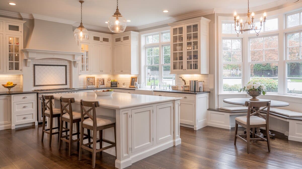 Traditional white kitchen breakfast nook bench with round table and corner seating